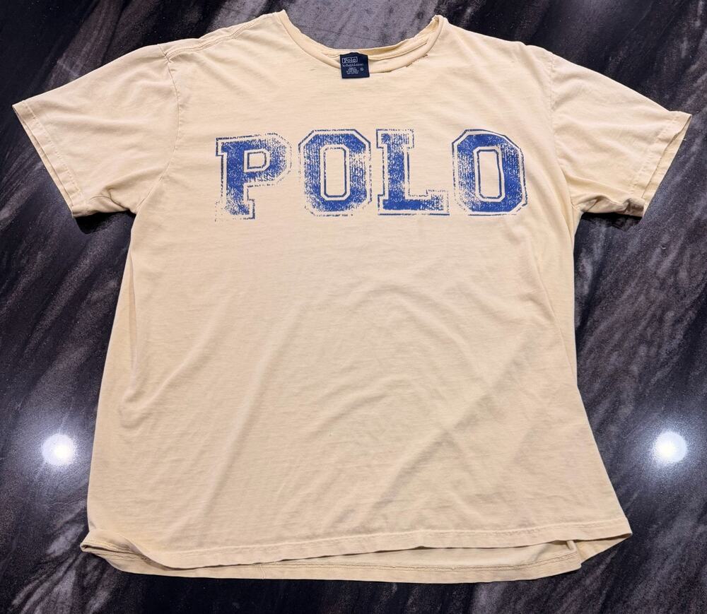 Vintage Polo Ralph Lauren XL Cream Blue POLO Spellout Distressed Graphic T Shirt